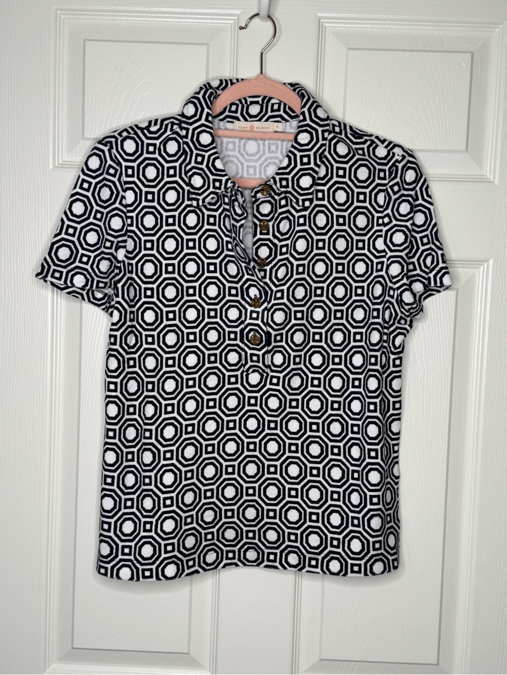 Tory Burch Navy & White Geo-Print Terry Button-Down Polo Top